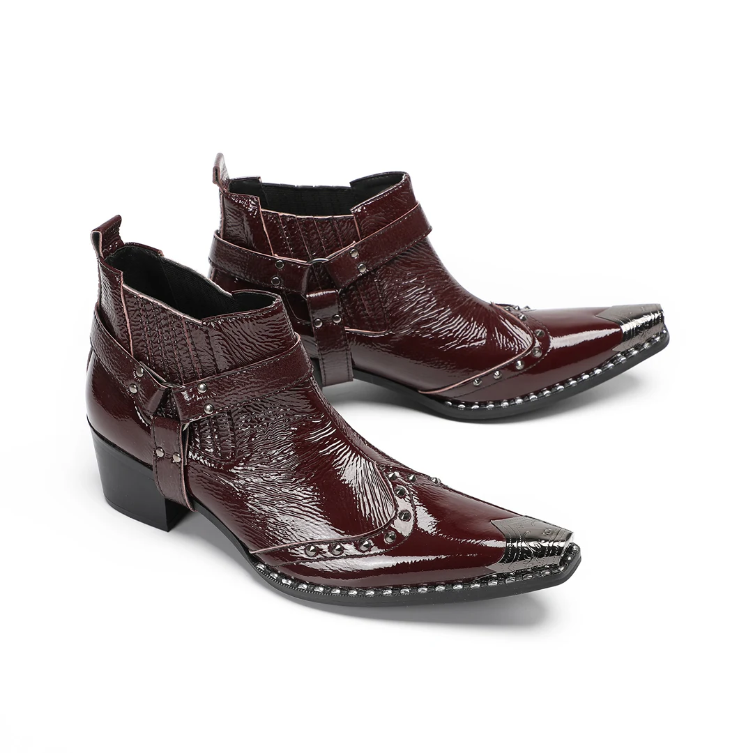 2026 Rivets Real Leather Men Party Ankle Boots Large Size Rivets Pointed Toe Motorcycle Short Boots Male Wedding Dress Shoes