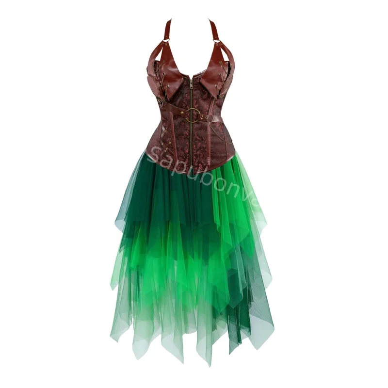

Корсетное платье, костюм, кружевная длинная юбка, комплект с застежкой-молнией, бюстье, костюм для вечеринки, женский наряд, большие размеры, готический Хэллоуин, коричневый