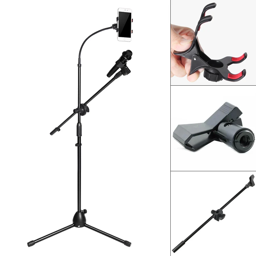 

Telescopic Microphone Stand Floor Metal Tripod Flexible Mobile Phone Holder Clip Swing Boom Stage Bracket Microphone Holder