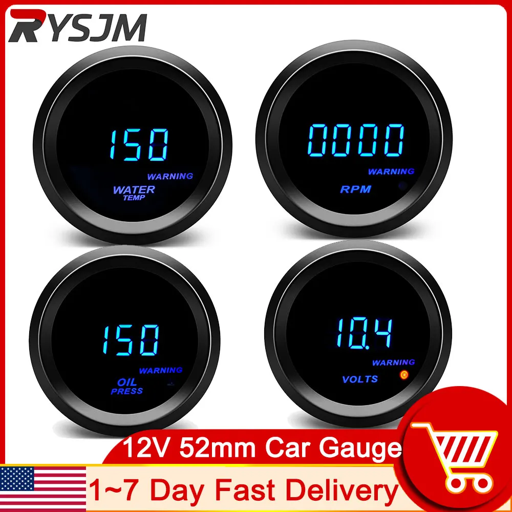 52mm Water Temp Meter Volt Tachometer Oil Pressure Gauge Blue LED Car Meter with Warning Alarm + 1/8NPT Temperature Sensor