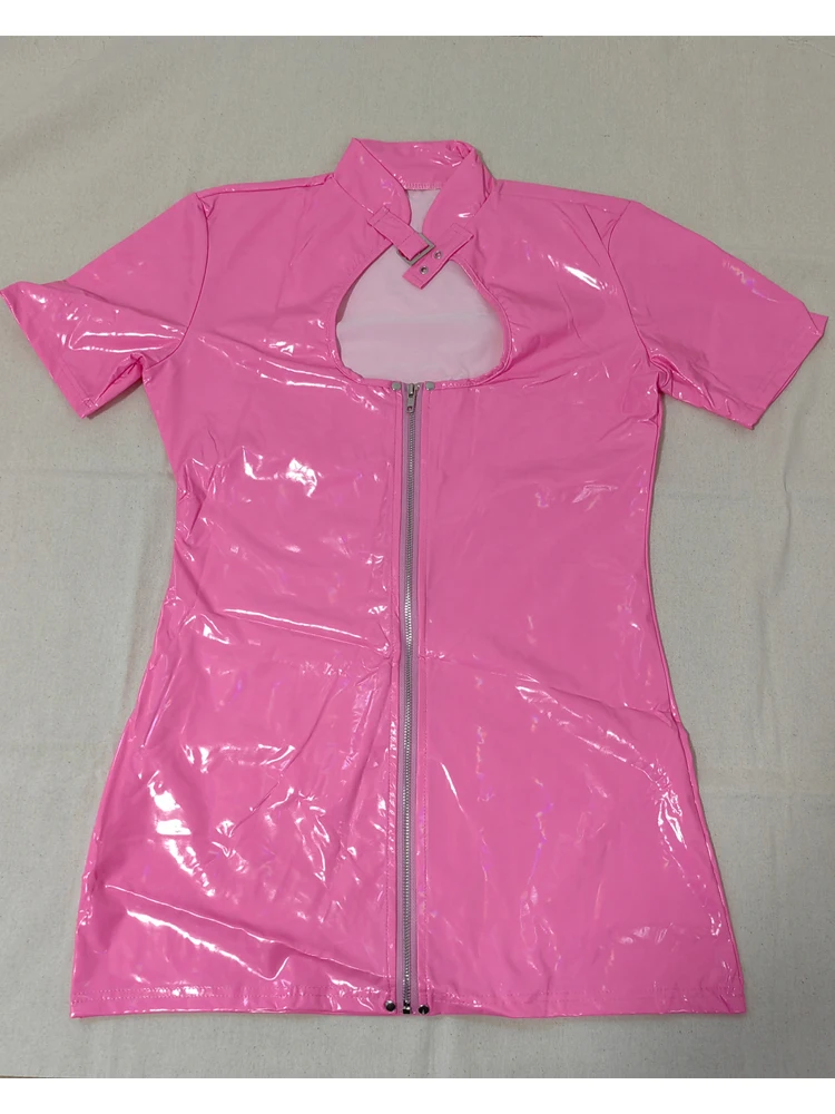 Kurzärmliges Wet-Look PVC-Kleid mit Ausschnitten und Reißverschluss, Glänzendes PU-Leder Einteiler-Kleid, Enganliegendes Hüft-Minikleid