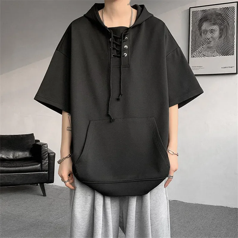 

LIBIELIY Summer Hooded T-Shirts Men Solid Short Sleeve Loose Streetwear Tees Male Vintage Casual Sports Tshirt Hooded Neck Tops