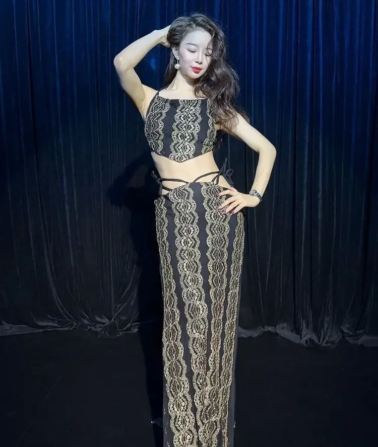 New belly dance printed vest top+tie up long skirt for women's adult performance set Elegant split competition practice set