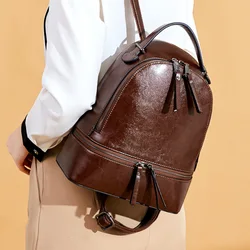 New Genuine Leather Rucksack Female Travel Knapsack High Quality Fashion Design School Daypack Women Oil Wax Cowhide Backpacks