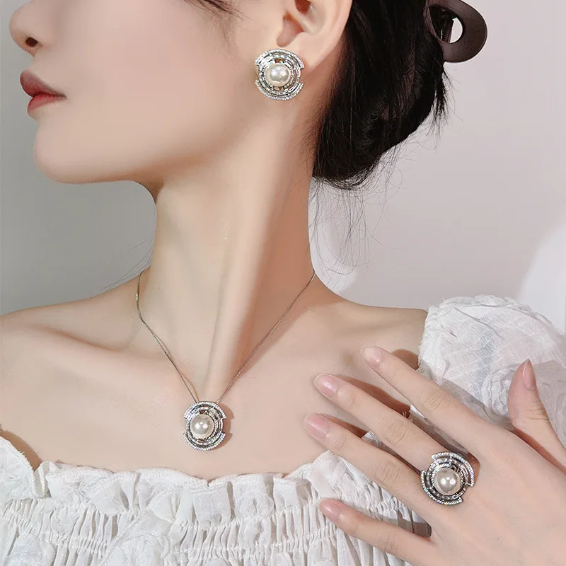 

Geometric Circular Pearl Jewelry with Zircon Adjustable Ring Statement Necklace Earrings for Women Elegant Party Wedding Jewelry