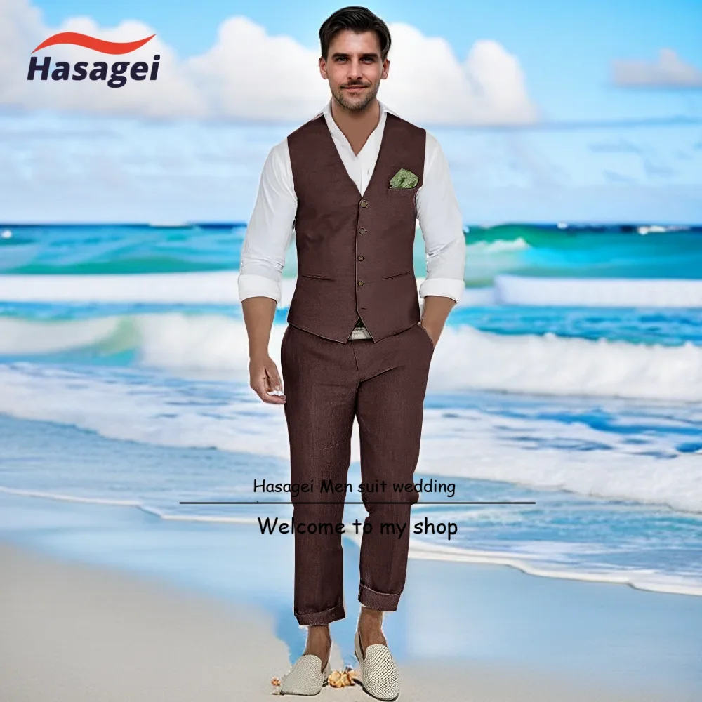 Men\'s Linen Suits 2 Pieces Slim Fit Suit Prom Tuxedos Beach Wedding Groomsman Vest & Pants Set Casual Summer Linen Outfit