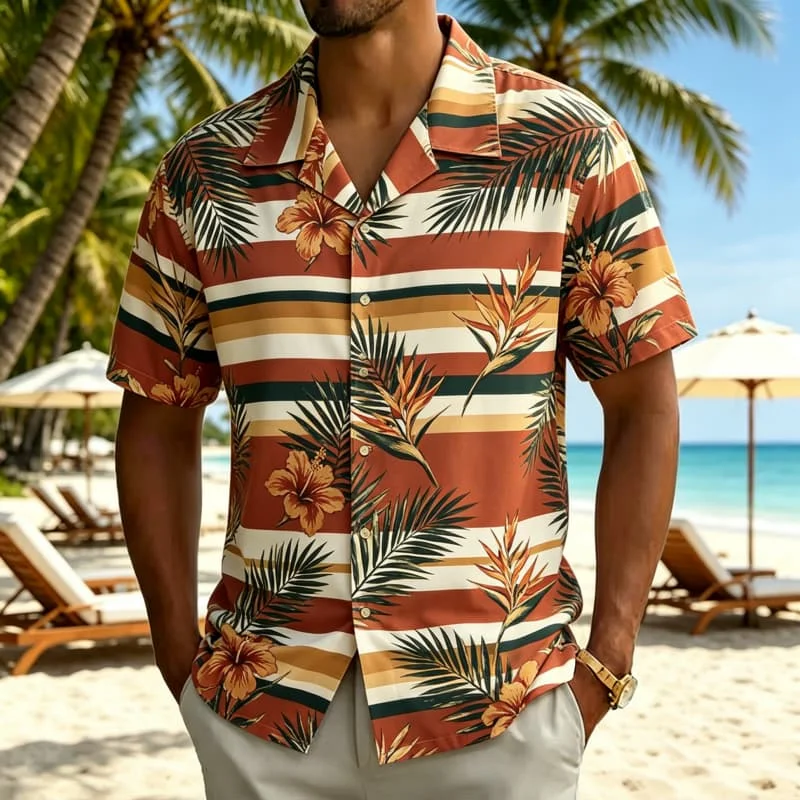 Men's striped tropical element printed Hawaiian shirt, for beach leisure, family travel, daily styling, and summer outings