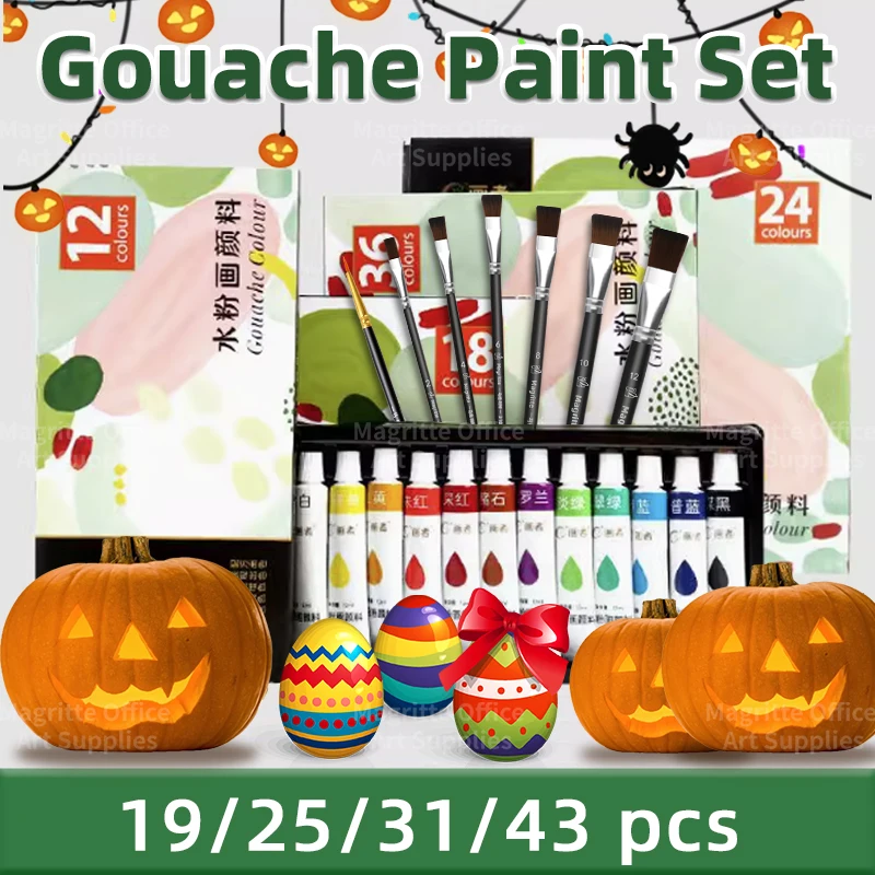 19/25/31/43 pcs Gouache Paint Set with 7 Paint Brushes, 12ml/0.4oz Tubes, Great for Back to School Adults, Painting on Canvas