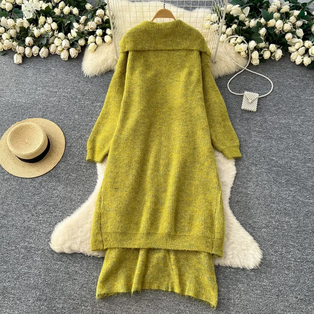 أنيقة فاخرة قطعتين المرأة سليم متماسكة منتصف طول مجموعة فستان بكتافة فضفاضة طويلة الأكمام قسط خمر البدلة مودا سترة