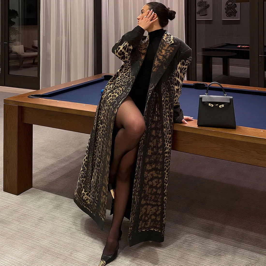 

Длинный плащ с леопардовым принтом и поясом, женский элегантный отложной воротник, повседневная уличная одежда с длинными рукавами, куртки, верхняя одежда