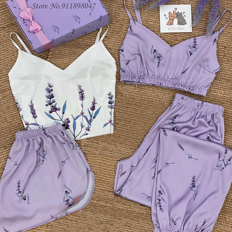 4-pcs Set Sleepwear Women Satin Silk Pajamas Set Summer V-neck Strap Nightwear Pijama Homewear Fox Animal Flower Print Clothes