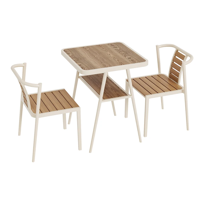 

!@Plastic Wood Outdoor Beach Courtyard Balcony Table and Chair Set with Cream Wind Design Multi-functional for Cafes & Homestays