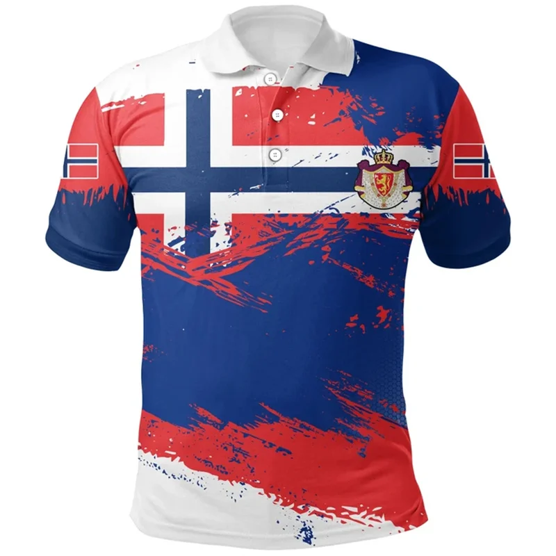 Norway Flag Polo Shirt 3d Print National Emblem T-shirt Men Summer Casual Street Lapel Short Sleeve Oversized Shirts Tops