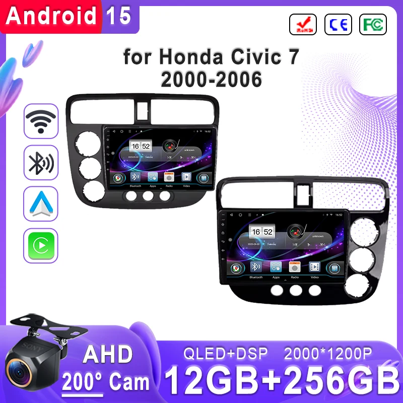Pantalla Incell Android 15 2K para Honda Civic 7 2000-2006 unidad principal estéreo navegación GPS CPU de alto rendimiento BT 5G wifi estéreo