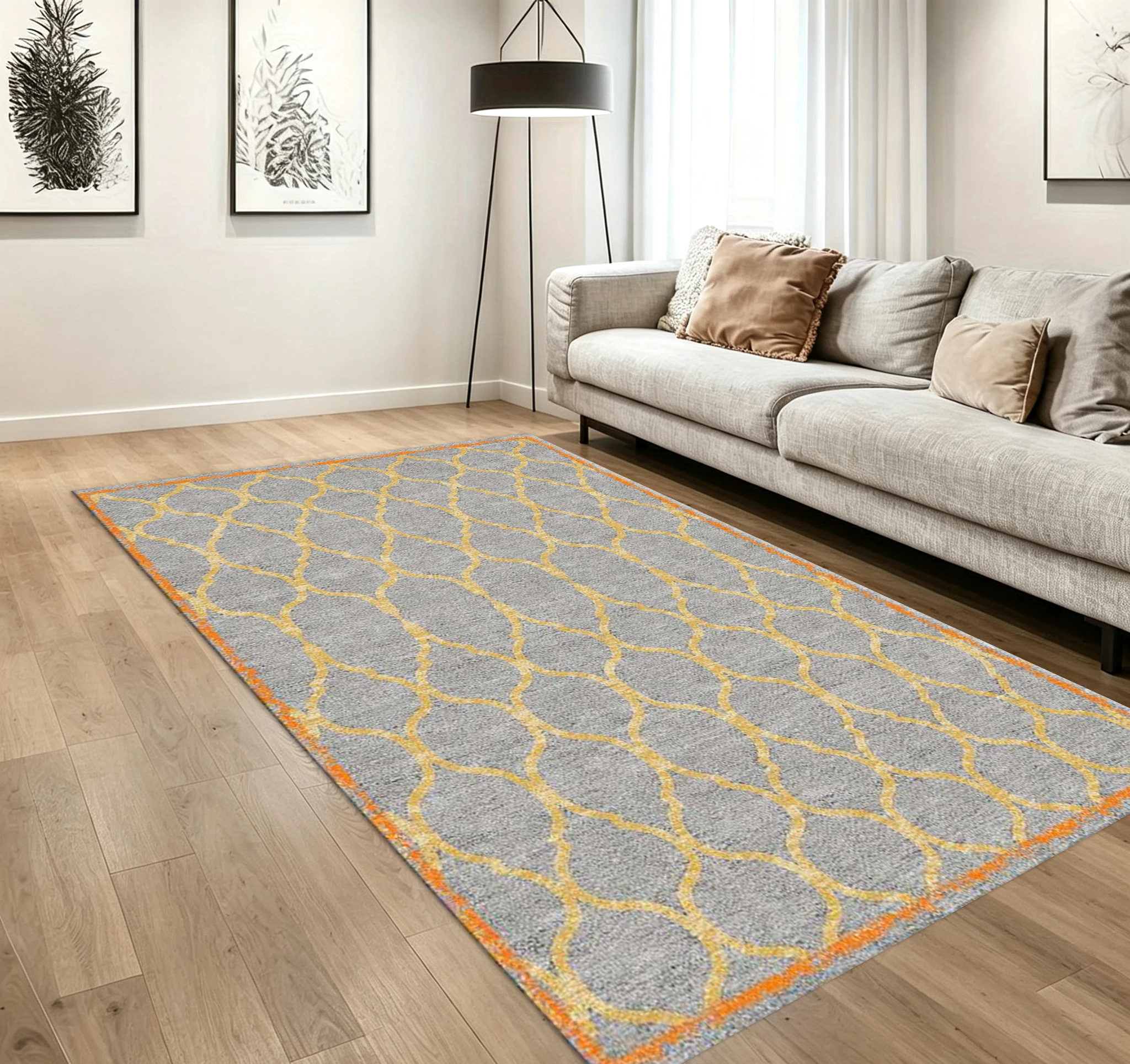 Modern Trellis Geometric Carpet Flooring Gray Background Gold Lattice Vintage Frame Printed Floor Rug for Hall Living Room Interior Ornament