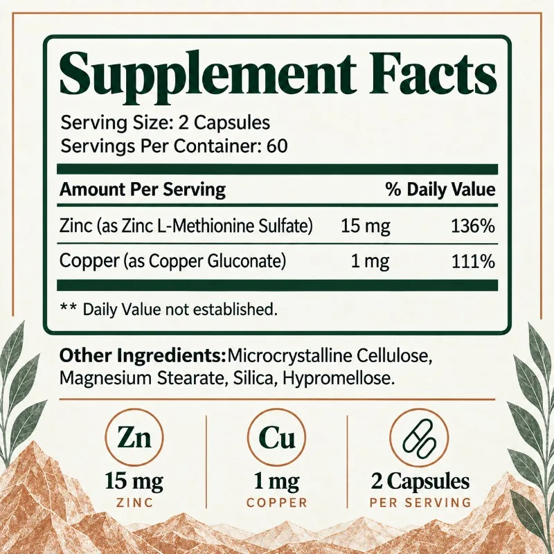 Zinc + Copper Capsules - Antioxidant, Support Energy Metabolism, Protects Joint Connective Tissue, Skin Health, Boosts Immunity