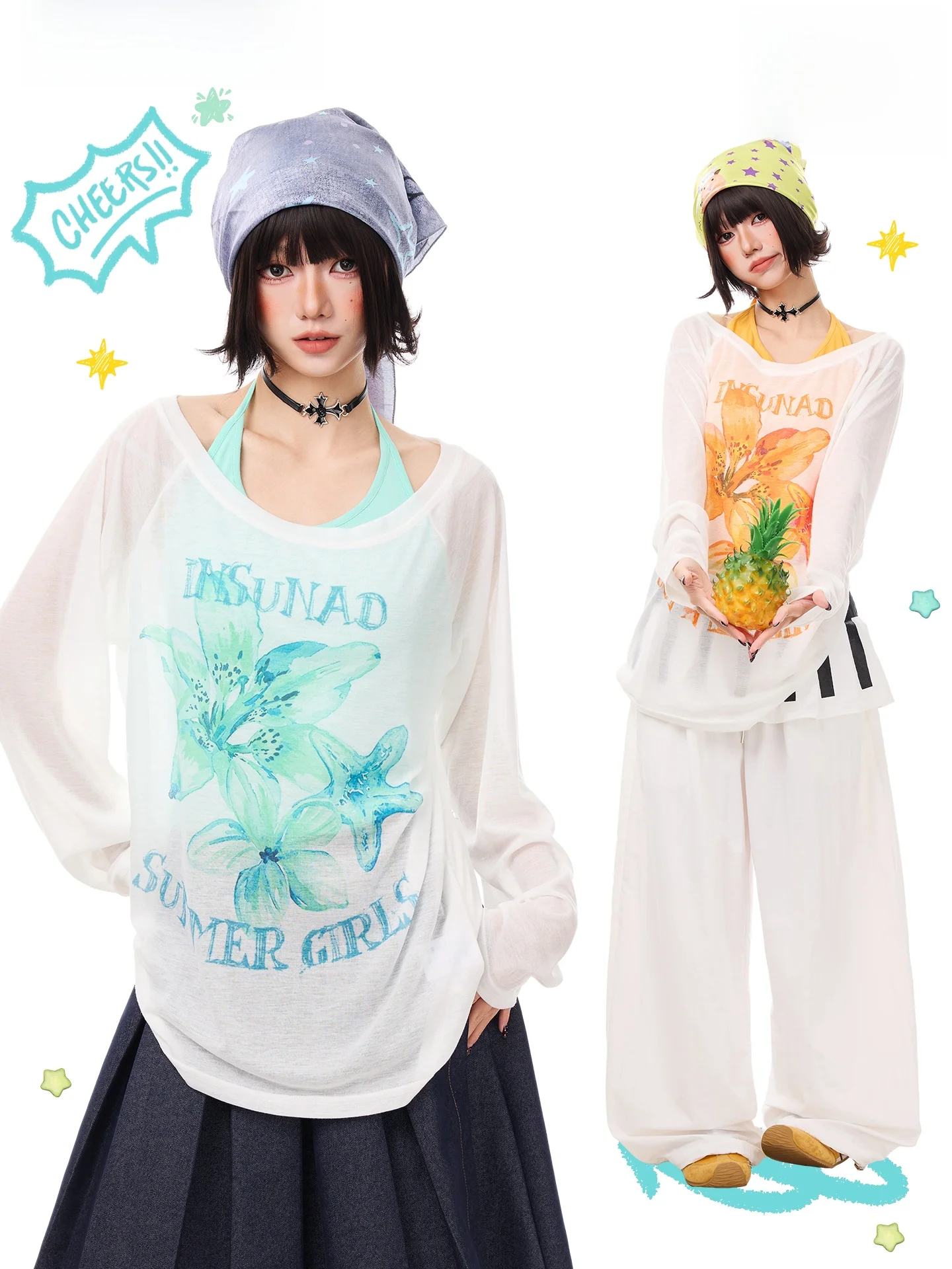 K787 American Casual Long Sleeve T-Shirt Women's See-through Floral Print Sun Protection Shirt Y2K Oversized Comfortable Top