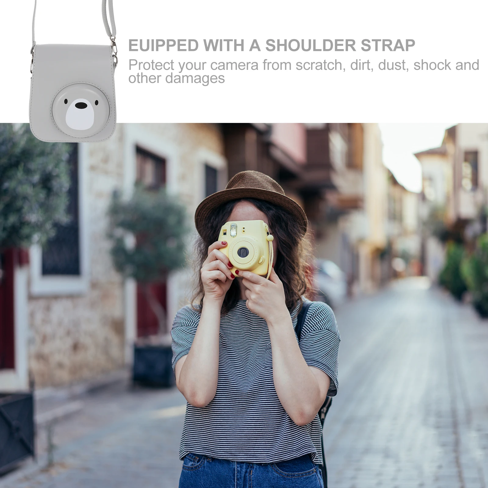 

Adorable Bear Design Camera Case Pu Bag For Instant Camera Protector 11 9 8 Mini Grey Shoulder Strap Dustproof Durable Sturdy