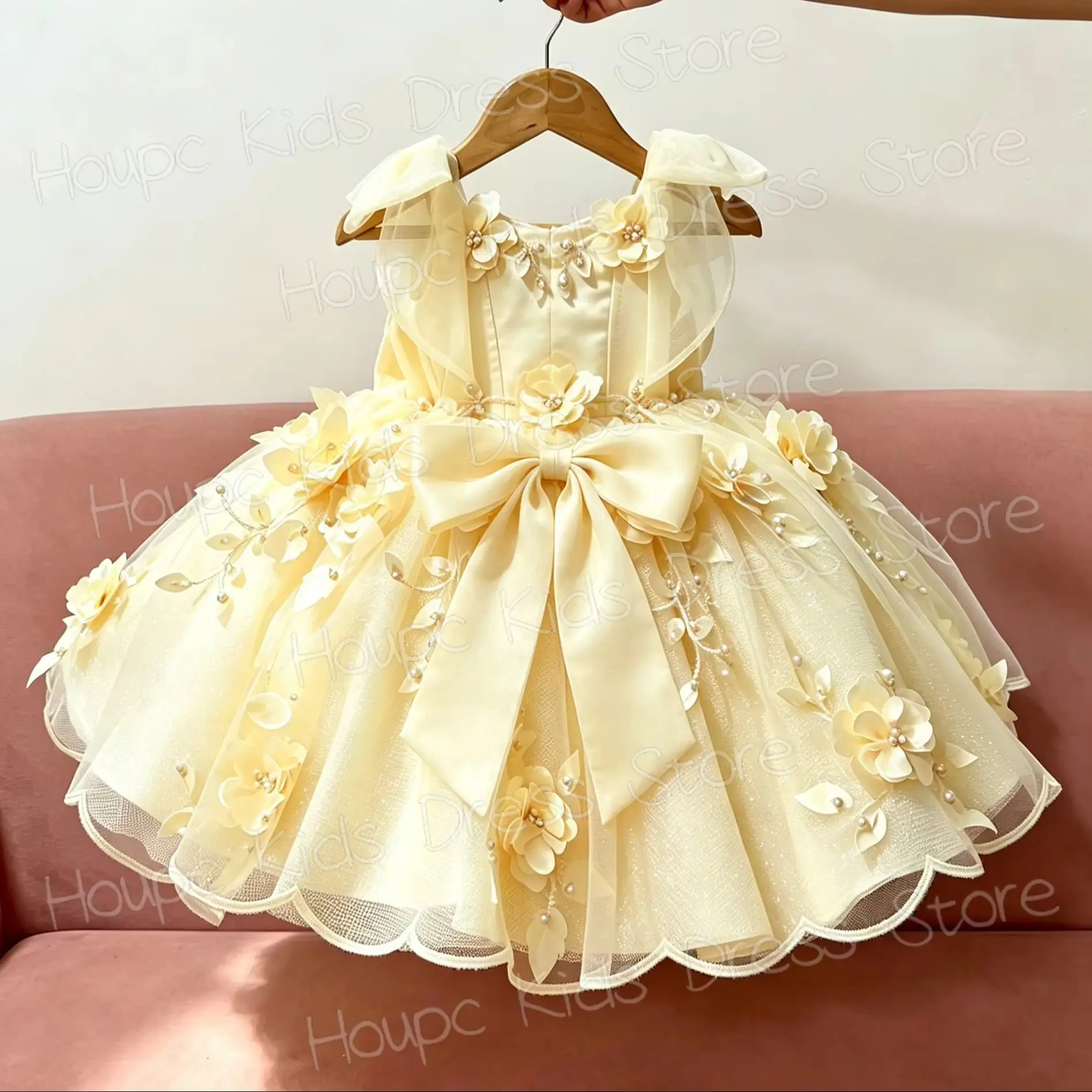 Princess Flower Girl Dresses For 3D Floral Applique with Bow Puffy Girls Birthday Wedding First Communion Ball Gown Custom