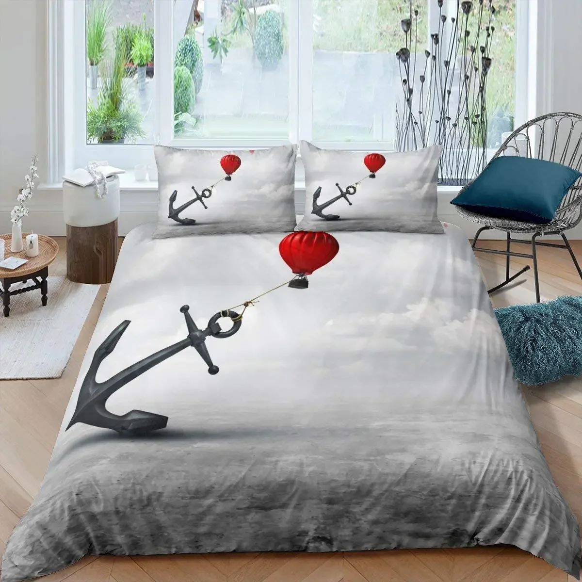 Ocean Beach Ship Anchor Duvet Cover Set Nautical Polyester Comforter Cover for Men Women Sunset Blue Sky White Clouds King Size