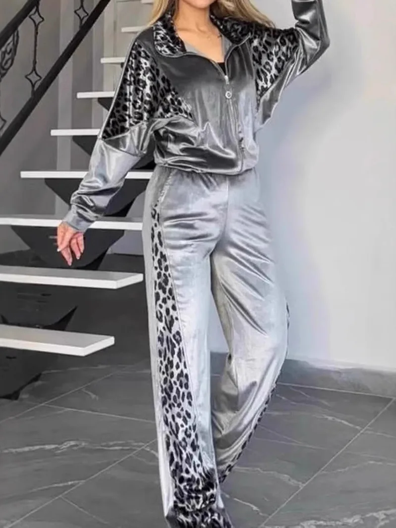 

Autumn Winter Leopard Print Long Sleeve Hoodie And Pants Set for Women Spicy Girl Home Clothes Fashion Set European Style