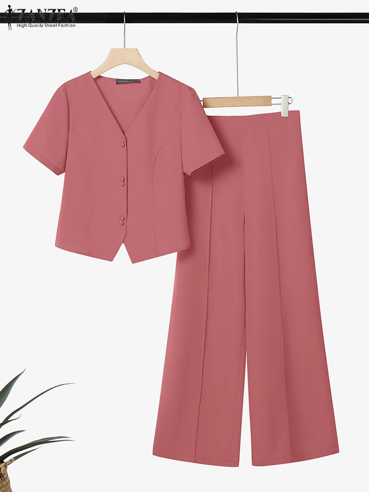 

ZANZEA Fashion Woman 2 Piece Sets Elegant V-Neck Short Sleeve Shirts Commuting Office Lady 2pcs Suits Wide Leg Pants Pant Sets