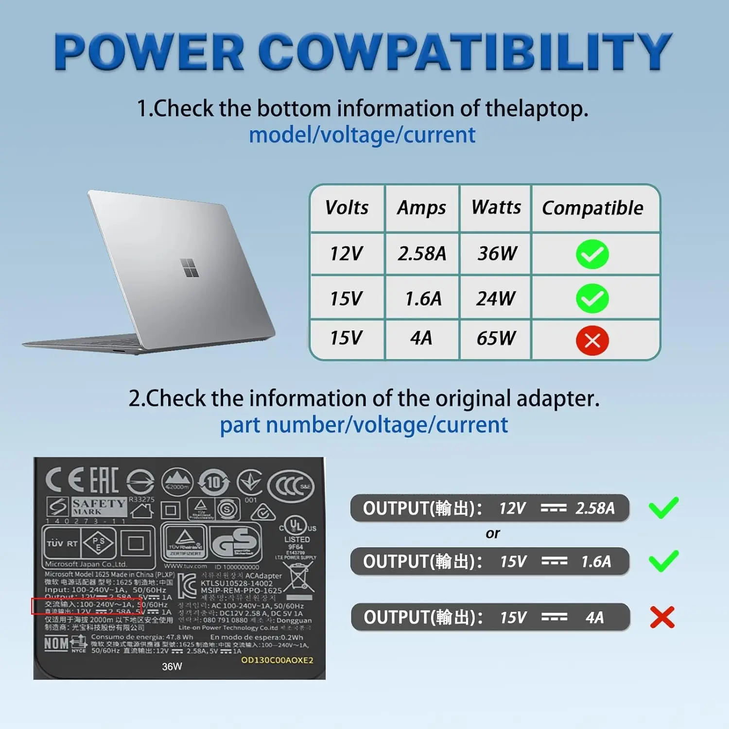 44W Surface Pro AC Power Charger for Microsoft Surface Pro 3 Surface Pro 4 i5 i7 Surface Pro 5 Surface Laptop Surface Go 1800 15