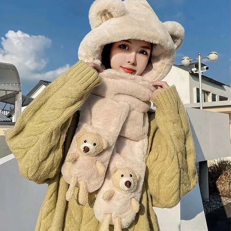 New Creative Winter Warmth Plush Hat Scarf Three-piece Set Fluffly Stuffed Animal Bear Super Soft Glove for Girls Kids Xmas Gift