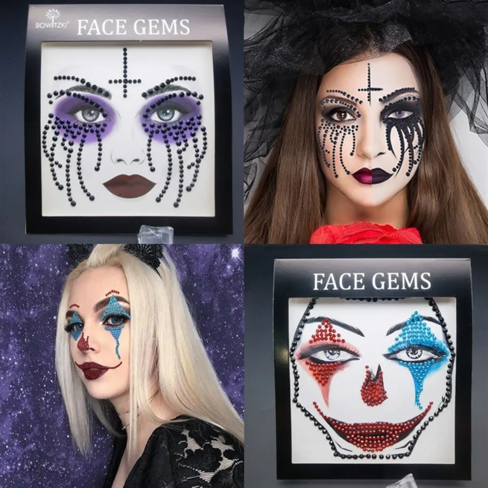 3D Resin Face Rhinestone Sticker Colorful Shiny Halloween Fake Tattoo Clown Makeup Halloween Decor Jewelry Face Sticker Body Art