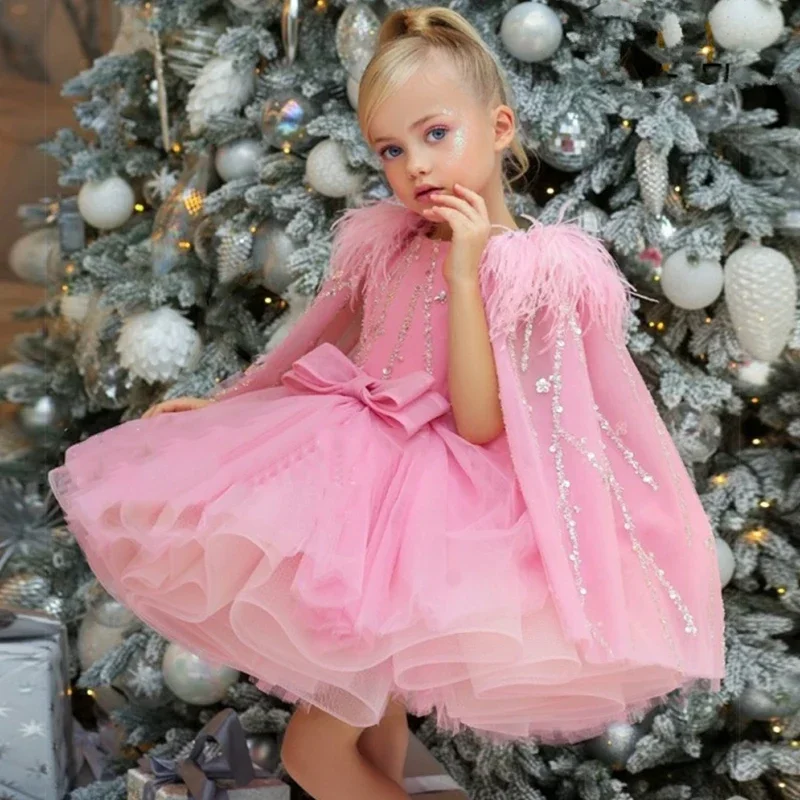 

Flower Girl Dresses Pink Tulle Puffy Sequin With Bow Feather Cloak And Shoulders For Wedding Birthday Banquet Princess Gowns