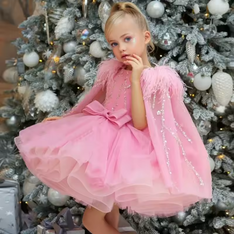 Flower Girl Dresses Pink Tulle Puffy Sequin With Bow Feather Cloak And Shoulders For Wedding Birthday Banquet Princess Gowns