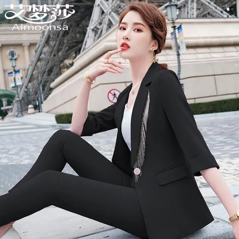 Autumn Tassel Decorative Jacket Blazer Pencil Pants Two-piece Set Elegant Women's Pants Suit Business Casual Suit Office Outfits