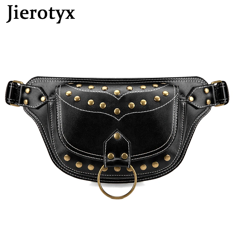 JIEROTYX Leather Studded Women Waist Bag Punk Fanny Waist Packs Travel Crossbody Bag Sling Chest Bags Phone Pouch Fashion Rivet