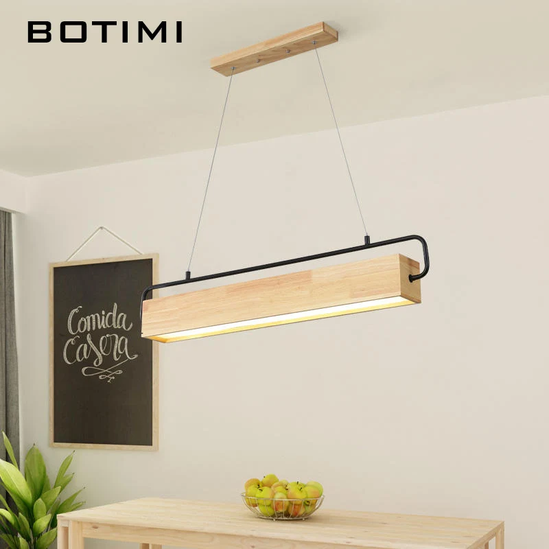 BOTIMI Single Long Wooden LED Pendant Light For Dining Wire Hanging Kitchen Lustre Kitchen Luminaire Island Suspension Lighting