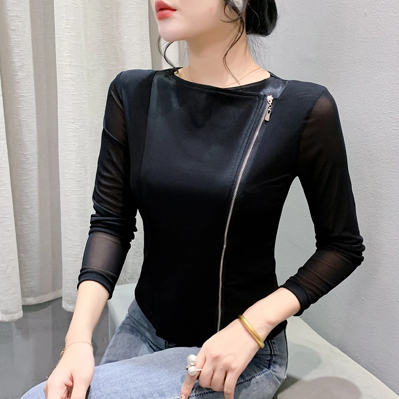 Autumn Winter New Korean Fashion Zipper T shirt Patchwork PU Mesh Tops Long Sleeve Black Women's Tees