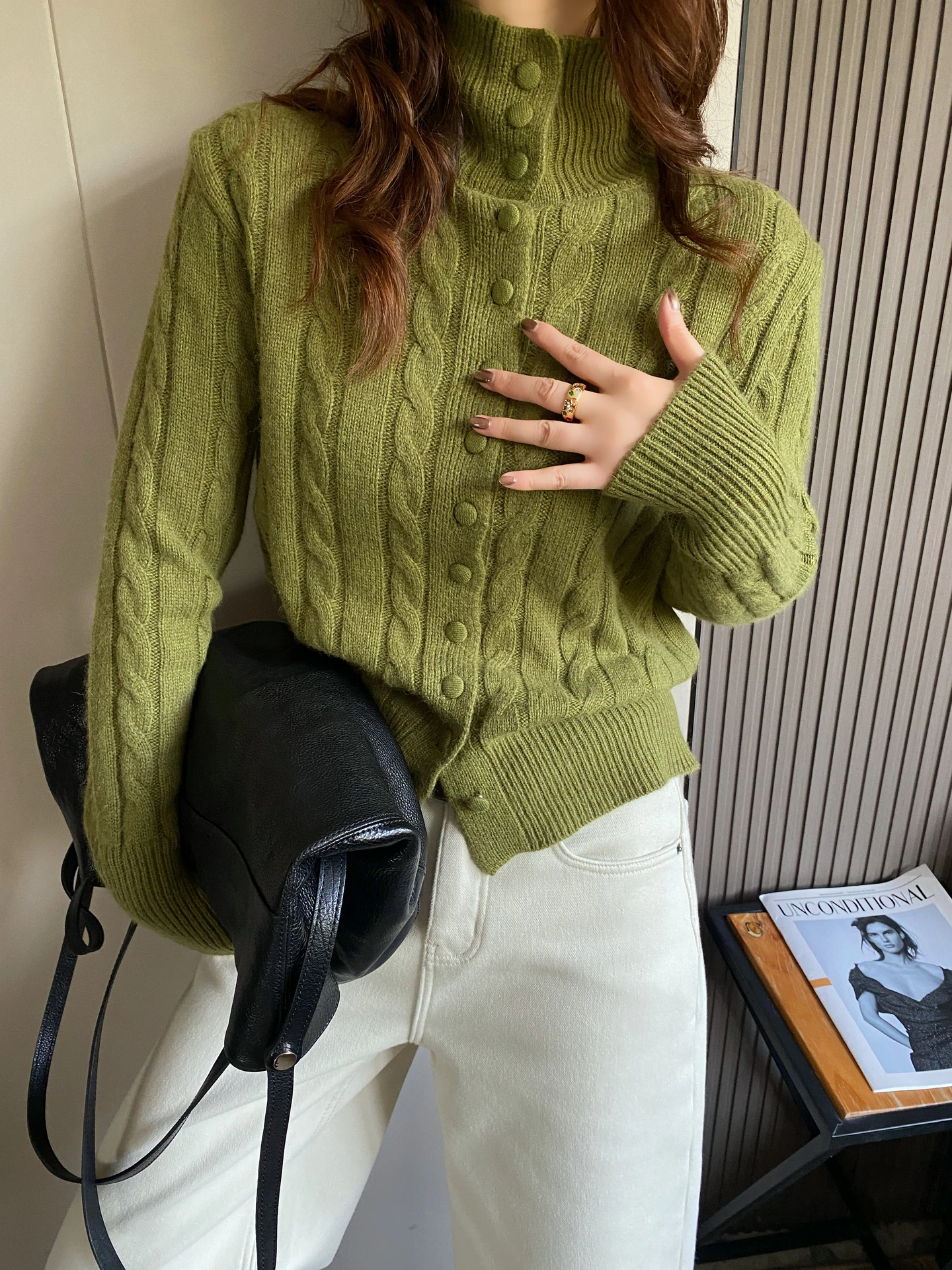 

Loose High Collar Twist Knit Sweater Coat Women's Autumn Winter New Design Sensation Open Cardigan Top Mixed Fiber Long Sve