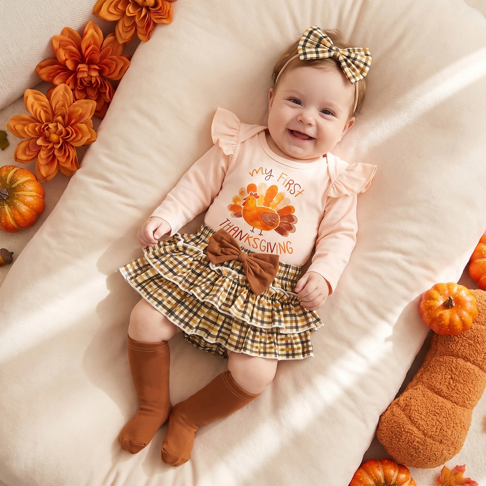 3pcs Set Baby Girls Thanksgiving Outfit Turkey Romper and Plaid Skirt Headband Socks Thanksgiving Day Costume