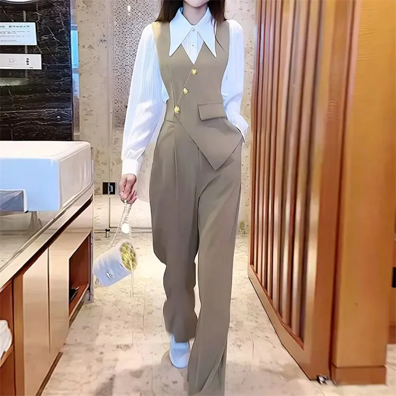 2025 New Jumpsuit Women's Autumn Capable Commuting High-End Feeling Socialite High Waist Wide Leg Hanging Suspender Pants Set