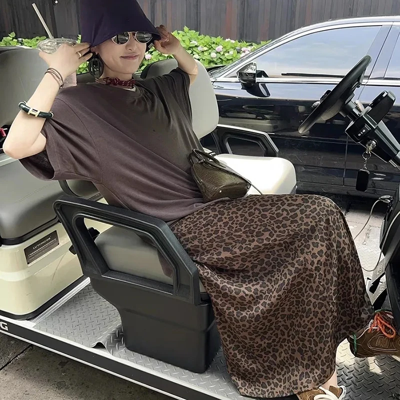 Fashion Leopard Print Skirt Women Smooth Wrinkle Resistant High Waist Skirt Harajuku Y2K Streetwear Casual Loose Skirt