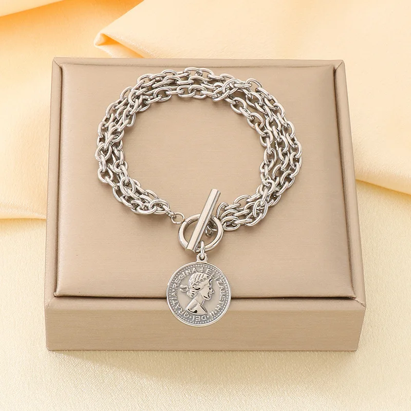 3 Layer O Chain With ELIZABETH II Charm Bracelet For Women - Stainless Steel Bohemian Style Bracelet - KB210184-Z