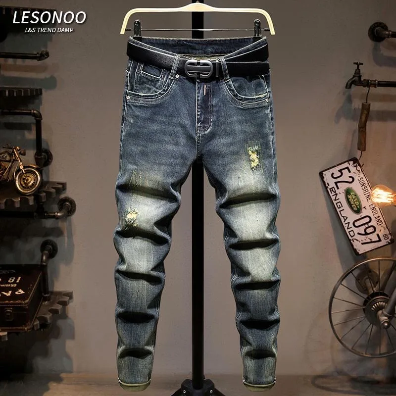

Autumn and Spring Style Trendy Straight Leg Ripped Solid Color Jeans for Men Comfortable Sports Vintage High Quality Denim Pants