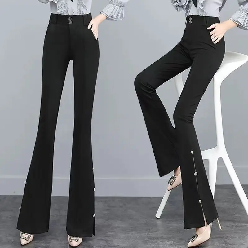 Black micro flared pants women 2025 autumn new Korean version high waisted slimming slit and casual versatile pants