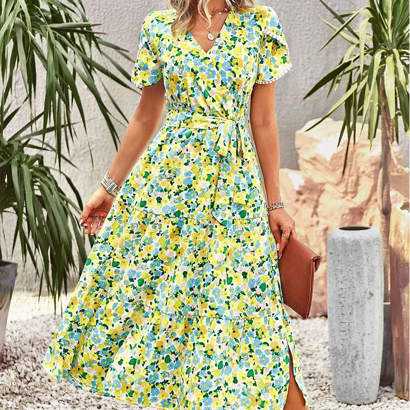 Vestido largo Vintage bohemio Floral de verano para mujer, vestido Sexy de manga corta con cuello en V para playa, vestidos informales con estampado de flores de cintura alta