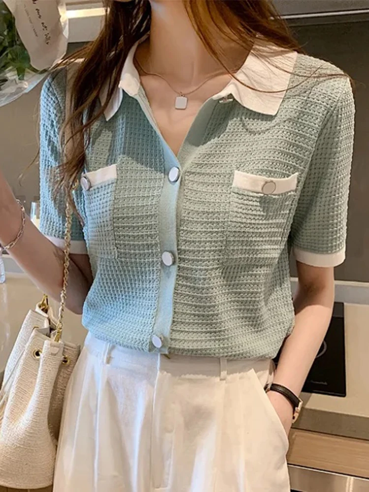 Korean Fashion Clothes Short Sleeve Tees Women T Shirt Knitted Turn Down Collar Cardigan Female Tops 2023 Summer Camisetas Mujer