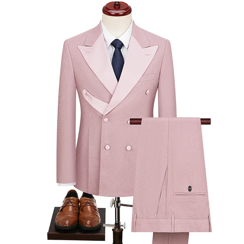 B215 men's double breasted suit set for autumn and winter, groom and best man wedding dress, British slim fit suit two-piece set