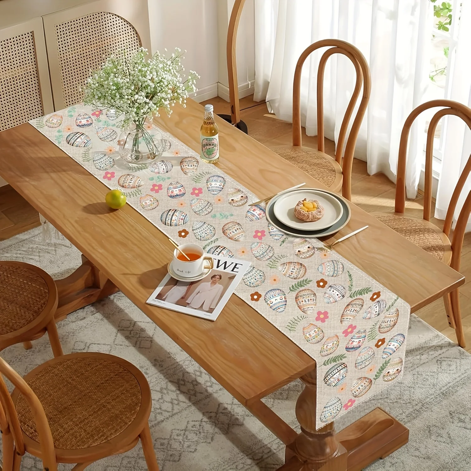 1pc Linen Easter Egg Table Runner with Leaf Pattern - White Spring Eggshell Decoration Dining Table, Elegant Holiday Party Decor