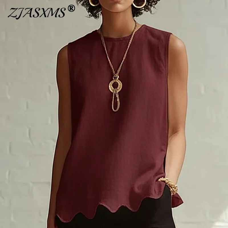 

Модная женская блузка без рукавов с круглым вырезом и подолом, однотонная, свободного кроя, в стиле бохо, для отпуска, летняя, в стиле Харадзюку, коллекция Весна 2026