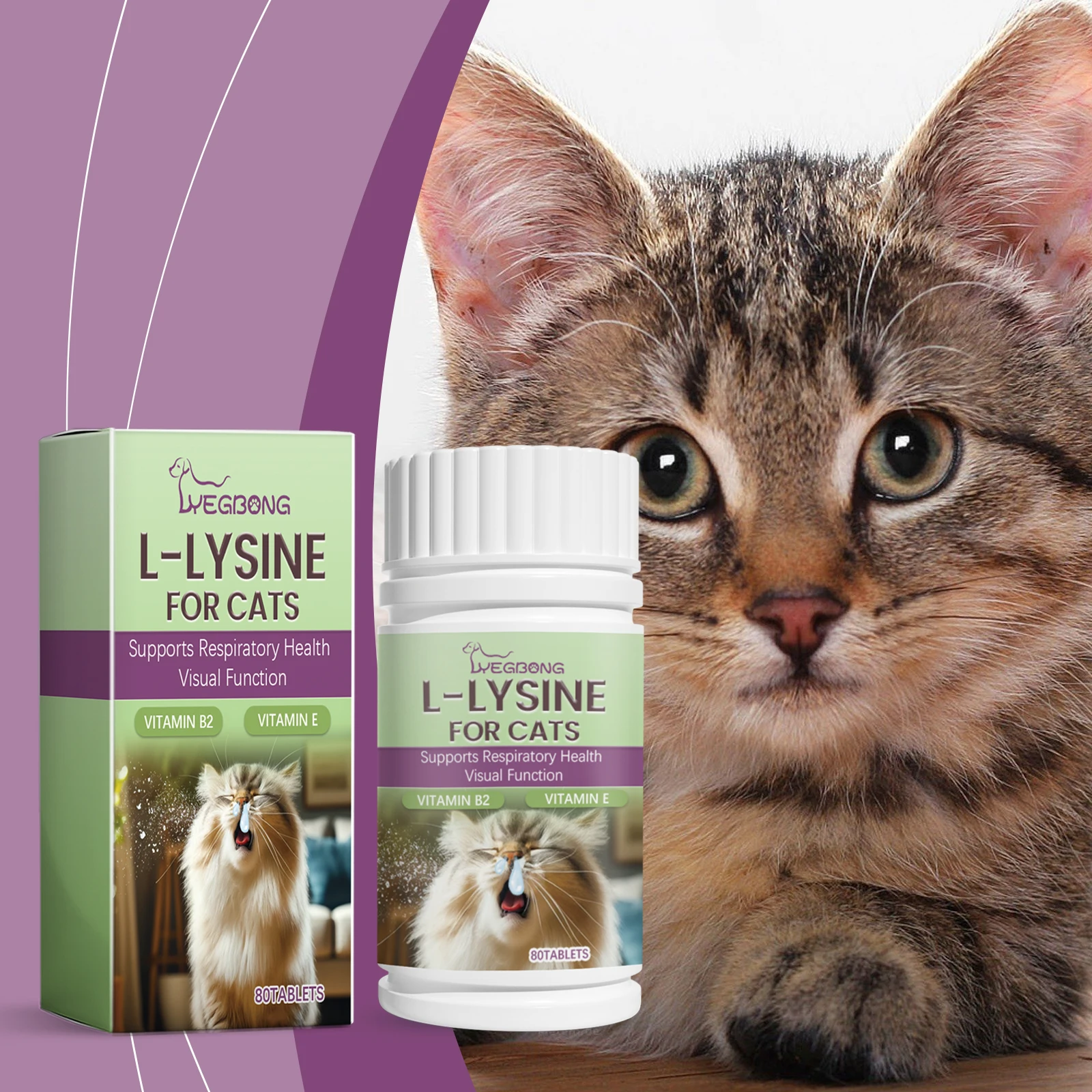 YEGBONG-80 tabletas de l-lysine para gatos, fortalece el sistema inmunológico, reduce los estornudos y las lágrimas, y mantiene a los gatos fuertes