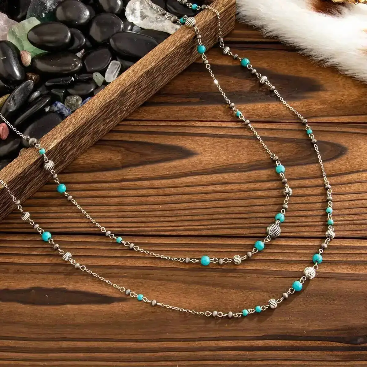 

Salircon 2Pcs/Set Vintage Ethnic Beaded Chain Long Necklace for Women Imitation Pearl Stacked Sweater Chain Party Jewelry