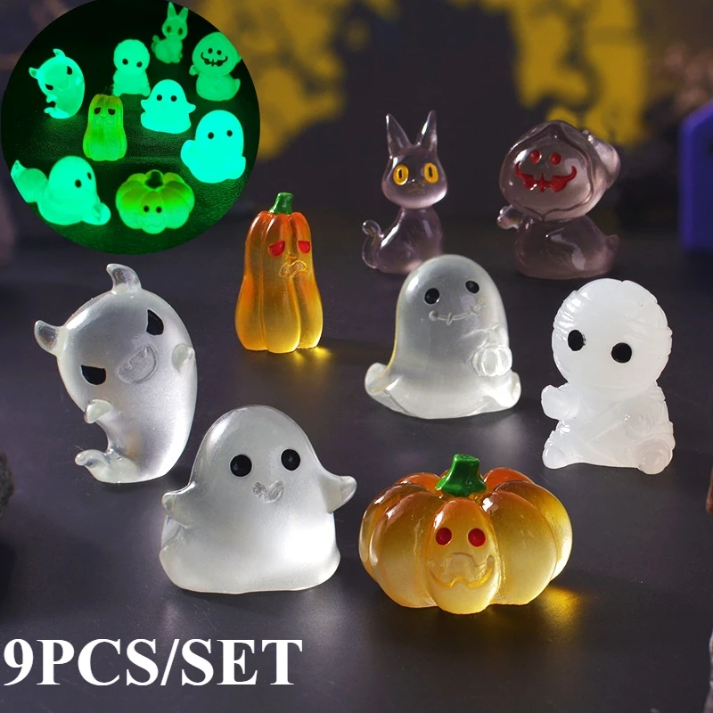 

Mini Luminous Figures Outdoor Glowing in Dark Mini Witch Ghost Pumpkin Black Cat Skull Ornaments Micro Landscape Miniatures